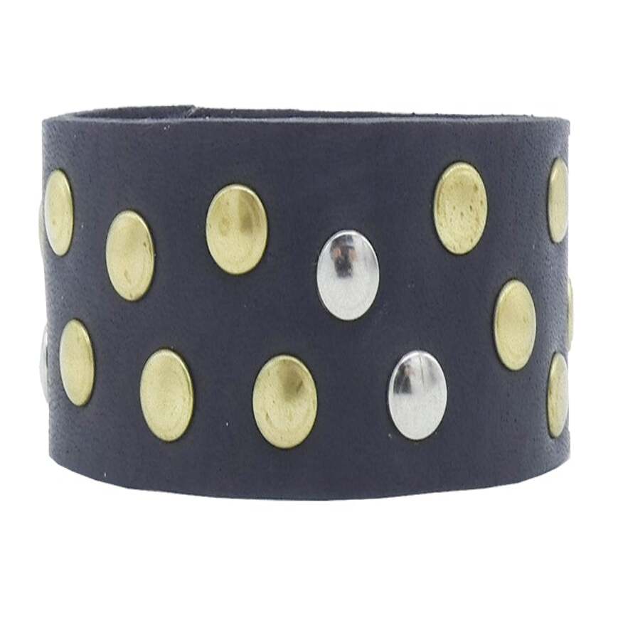 Bracciale in cuoio con borchie ottone antico e nickel lucido - Alpi cm3