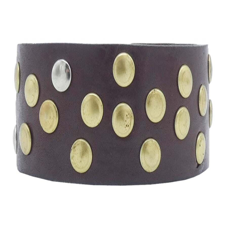 Bracciale in cuoio con borchie ottone antico e nickel lucido - Alpi cm3
