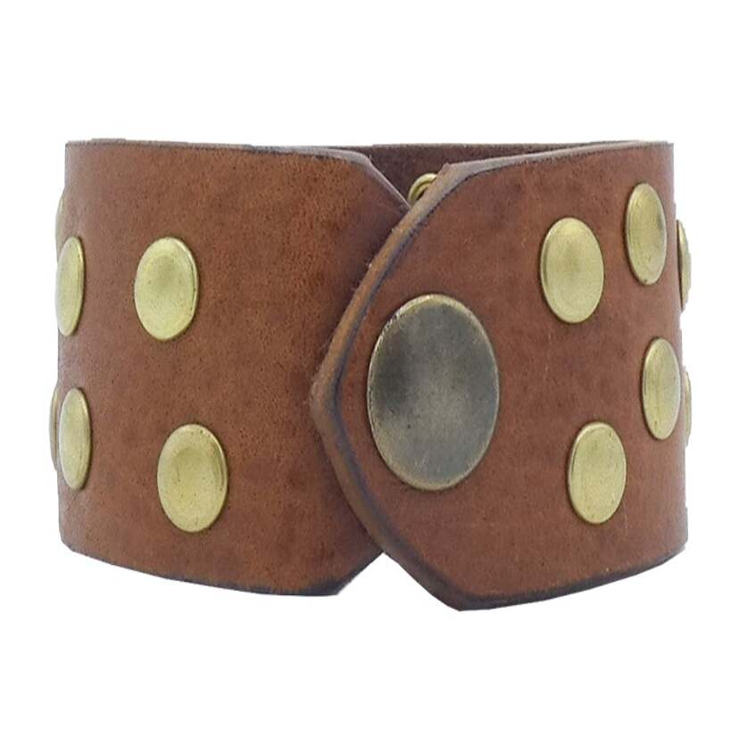Bracciale in cuoio con borchie ottone antico e nickel lucido - Alpi cm3