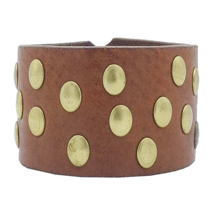 Bracciale in cuoio con borchie ottone antico e nickel lucido - Alpi cm3