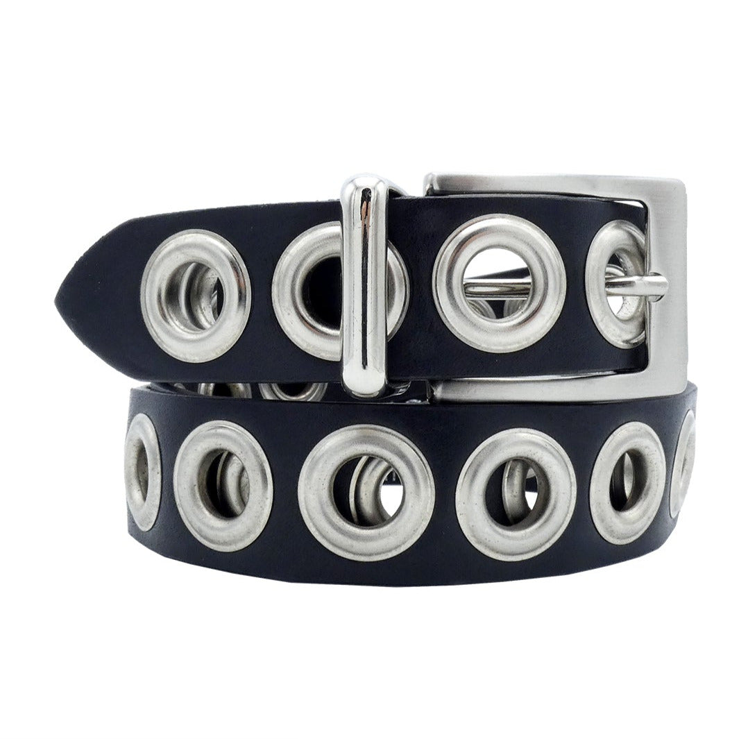 Cintura Amanda in pelle nera 3 cm con occhielli grandi in metallo