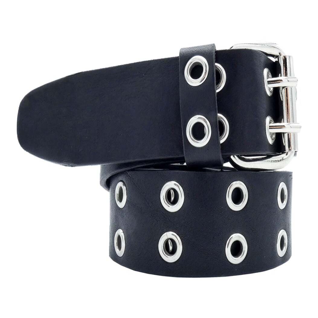 Cintura in cuoio nero Jenny 4 cm ad occhielli con fibbia a rullo doppio ardiglione in zama