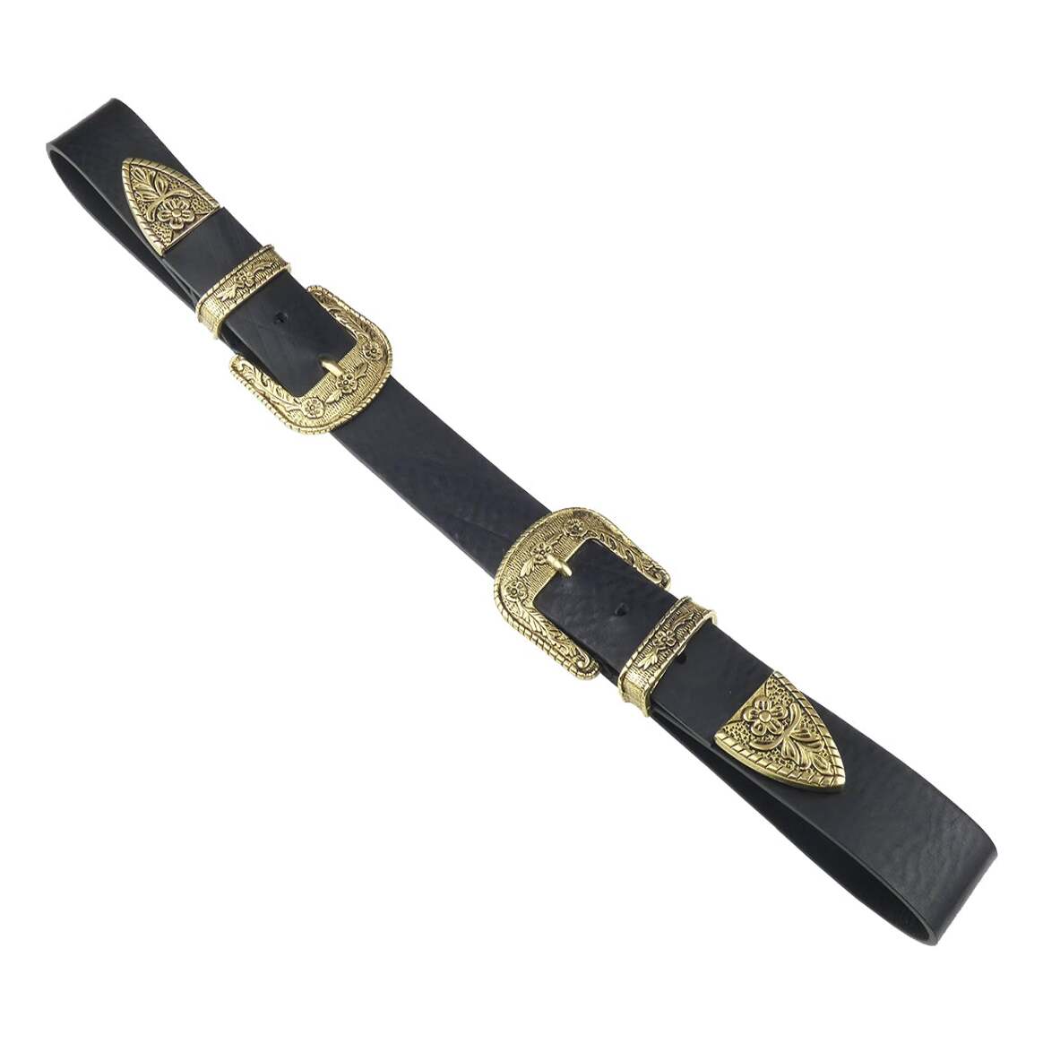 Cintura Gaudì in Cuoio Nero con Fibbie Oro e Argento Antico
